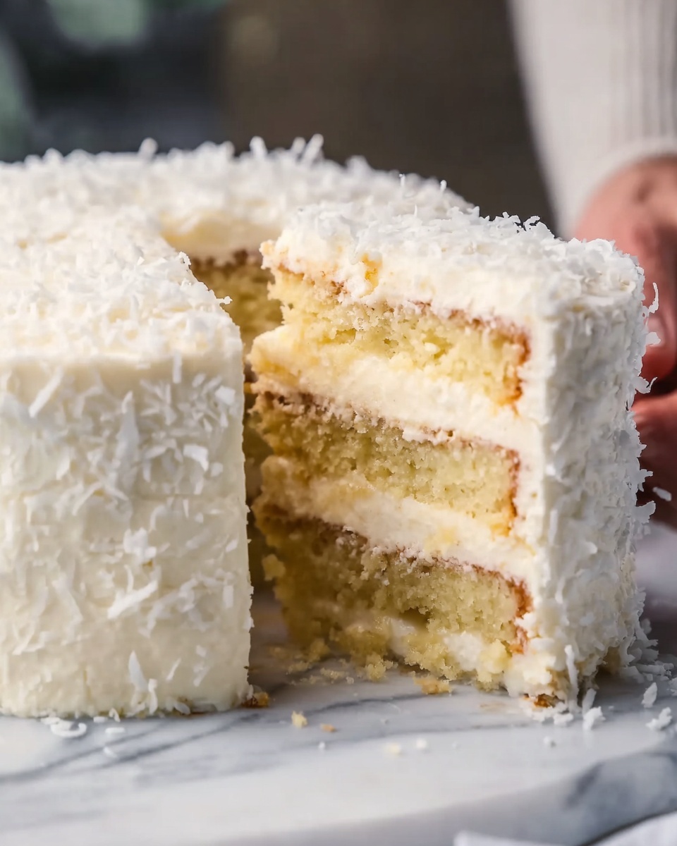 A white frosted cake is shown with a slice removed, revealing four layers of light yellow cake separated by thin layers of cream filling. The outside is covered with a smooth white frosting with some textured white coconut flakes or small bits on top and sides. The cake sits on a white marbled surface, and in the background a blurred figure is visible holding the cake, showing a woman's hand partly in view. The lighting is soft and natural, highlighting the moist texture of the cake layers. Photo taken with an iphone --ar 4:5 --v 7