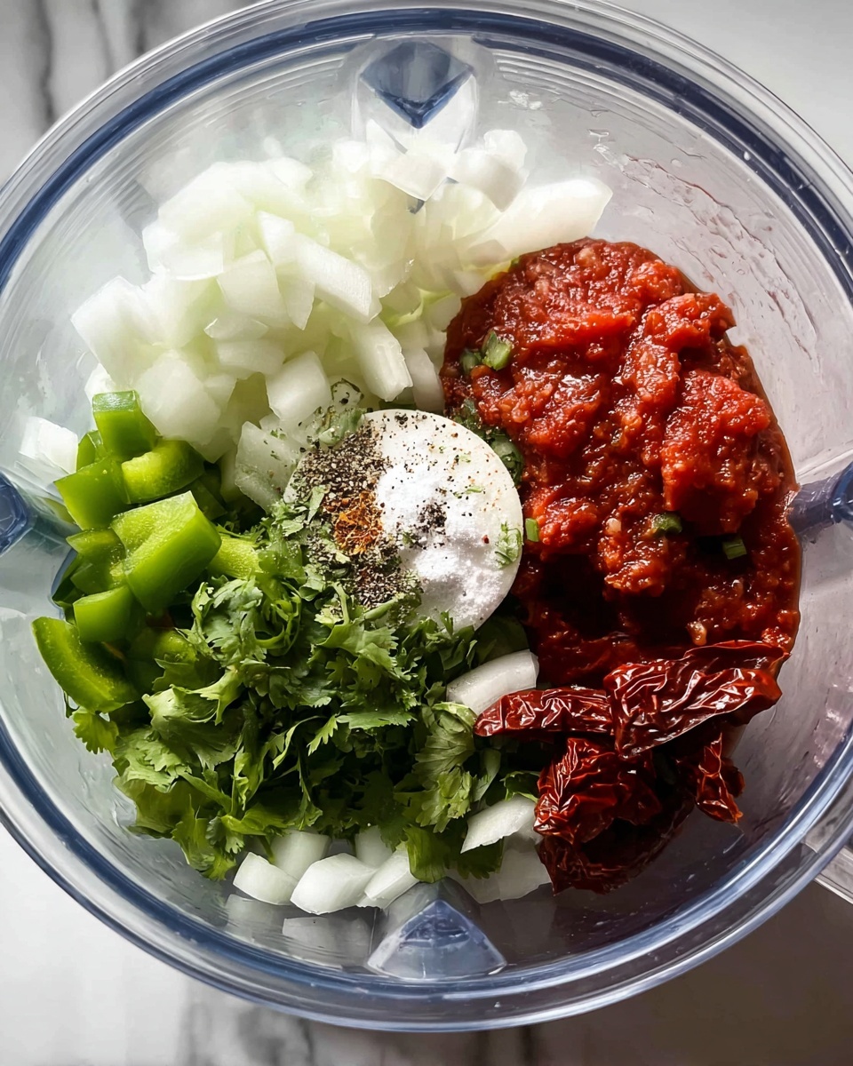 Inside a clear blender container, various fresh ingredients are arranged in separate sections. On the left, there are chopped white onions with a crisp texture. Next to it, bright green chopped bell peppers add a fresh and crunchy look. Below these, fresh green cilantro leaves are topped with a small heap of white salt and black pepper. To the right, a vibrant red chunky tomato mixture fills a section, beside darker red sun-dried tomatoes with a wrinkled texture. The whole set is placed on a white marbled surface. Photo taken with an iphone --ar 4:5 --v 7