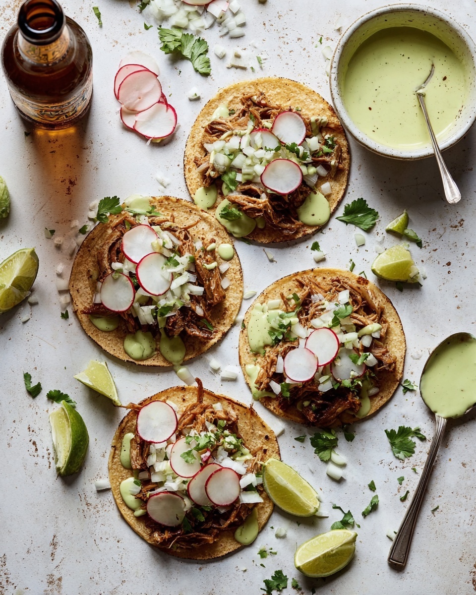 There are four small white tortillas, each with a base layer of shredded crispy brown meat, topped with small white onion pieces and green herb leaves. Thin round slices of radish with white centers and red edges lay on top, along with drizzles of light green creamy sauce. Around the tortillas are lime wedges, scattered parsley, and diced onions on a white marbled texture surface. On the left side, there is a white bowl filled with more light green sauce and a spoon with sauce spilled beside it. A bottle of light brown beer sits at the top left corner with some radish slices near it. Photo taken with an iphone --ar 4:5 --v 7