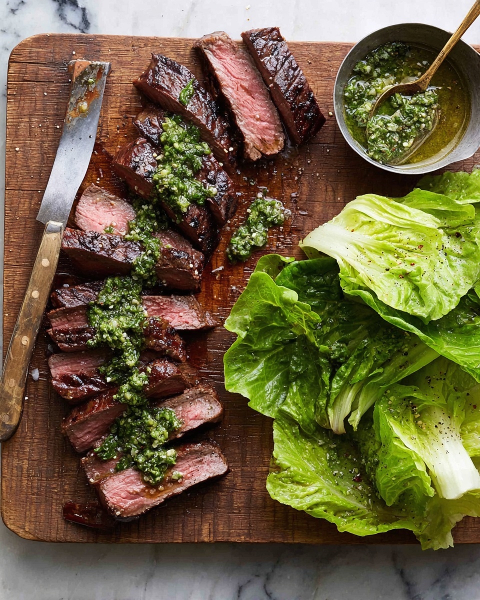 The image shows slices of cooked steak with a browned outer layer and pink, juicy inside arranged on a wooden board. Next to the steak is a small round pan filled with a thick green sauce that has visible leafy chunks. On the right side, there are fresh green lettuce leaves with a light dressing visible on them. A gold spoon with green sauce is placed on the wooden board near the pan. The background is a white marbled texture photo taken with an iphone --ar 4:5 --v 7