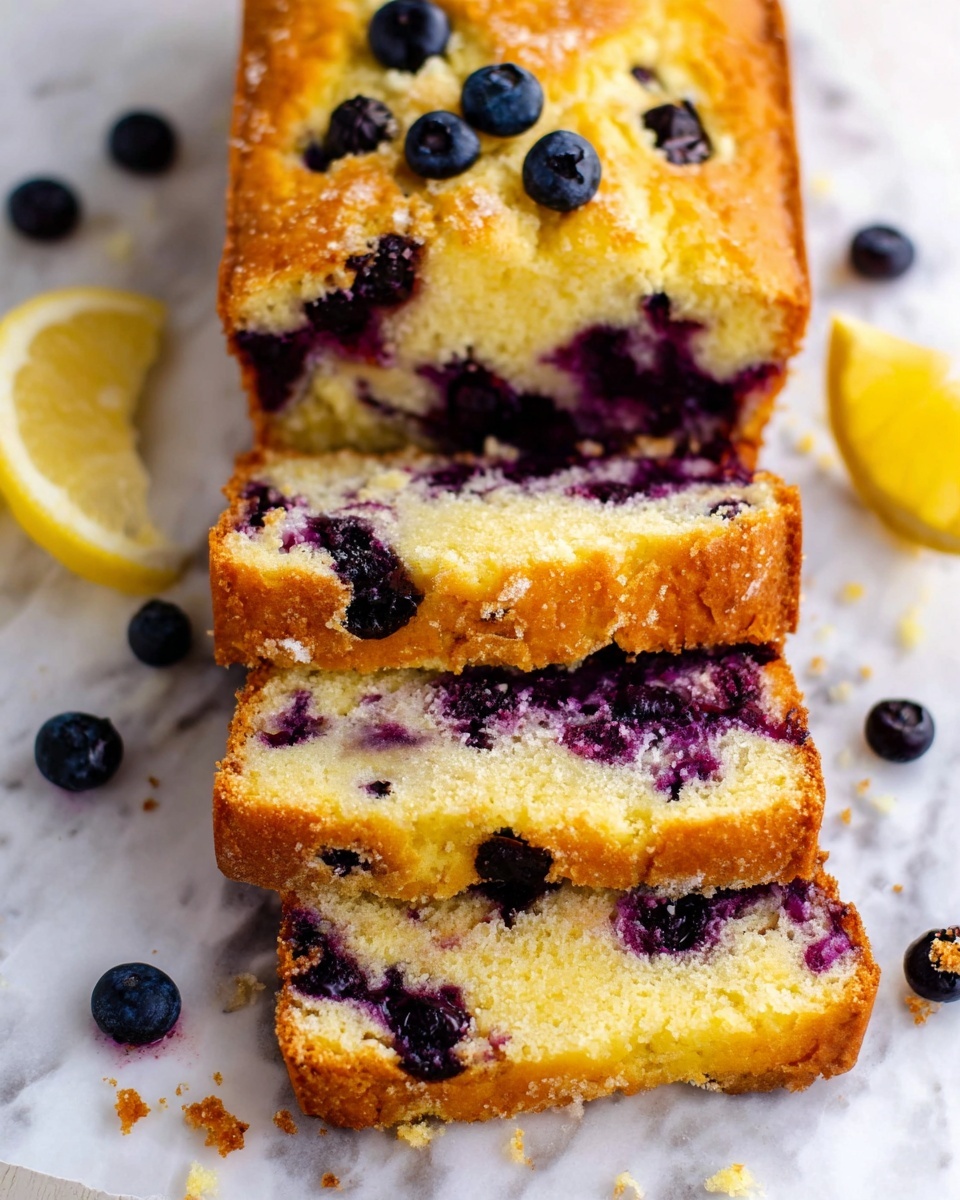 A loaf of blueberry lemon bread is shown on a white marbled surface with three slices stacked. The bread has a golden brown crust with visible whole blueberries on top. Inside, the texture is soft yellow with juicy dark purple blueberries spread evenly throughout the cake. On the side, there are lemon wedges and a few scattered blueberries, adding color contrast. The bread crumbs and fruit juices make the surface look a bit messy but fresh. photo taken with an iphone --ar 4:5 --v 7