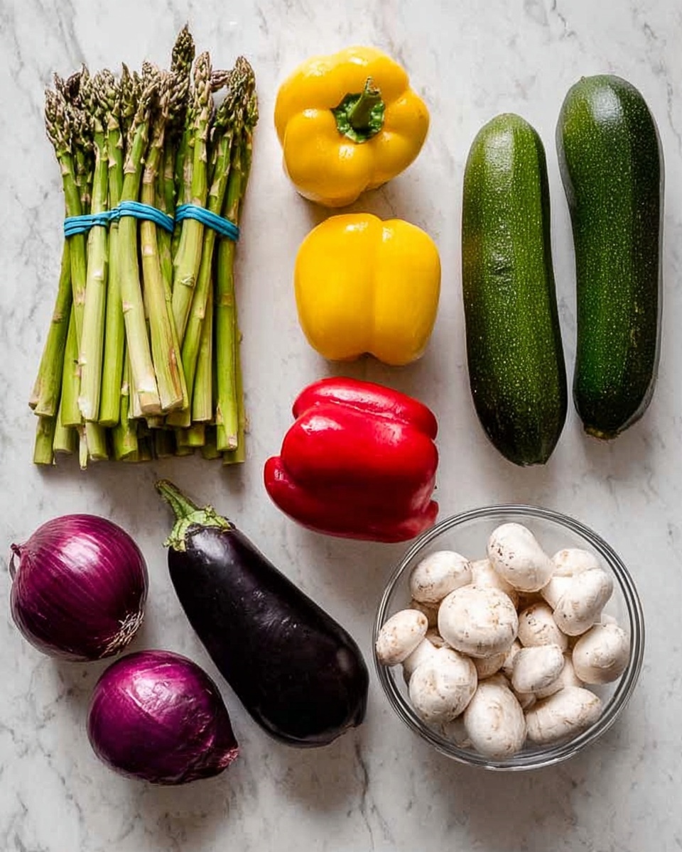 The image shows a white marbled surface with fresh vegetables neatly arranged: two bunches of green asparagus tied with blue bands on the left, two dark green zucchinis near the top center, a yellow bell pepper and two red bell peppers placed in the middle, a dark purple eggplant below the peppers, two purple onions near the bottom left, and a clear glass bowl filled with white mushrooms on the right side. photo taken with an iphone --ar 4:5 --v 7