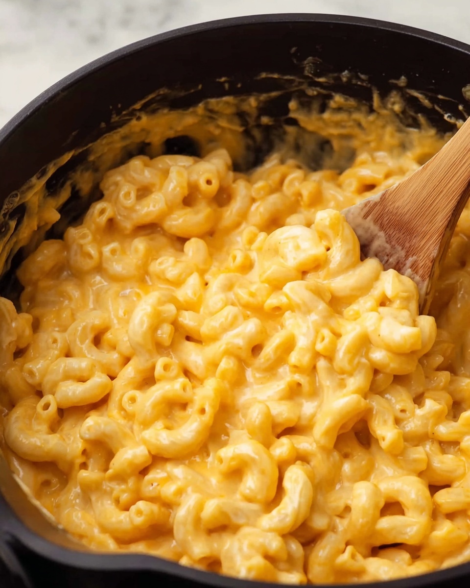 The image shows a close-up of creamy macaroni and cheese in a black pot, with elbow-shaped pasta covered in a smooth, yellow-orange cheese sauce that looks melted and creamy. A wooden spoon is partially dipped into the pasta, stirring the cheese sauce, and the texture of the cheese appears soft and rich, coating each pasta piece evenly. The background is a white marbled surface. photo taken with an iphone --ar 4:5 --v 7
