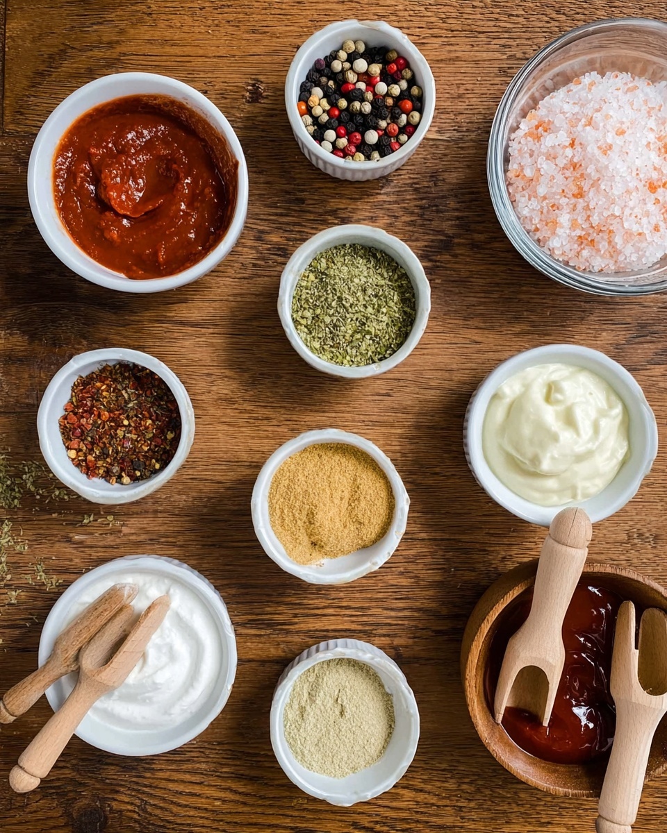 The image shows a wooden surface covered with small bowls and containers of different spices and sauces. There are six white small bowls in the center, each filled with various powders and pastes including a red powder, a green herb mix, a light brown powder, a creamy white sauce, ketchup, and a grainy beige paste. Two round glass bowls hold pink salt and a mix of colored peppercorns, with wooden scoops resting inside them. The arrangement is neat, with each bowl spaced evenly apart, creating a balanced and colorful display. photo taken with an iphone --ar 4:5 --v 7