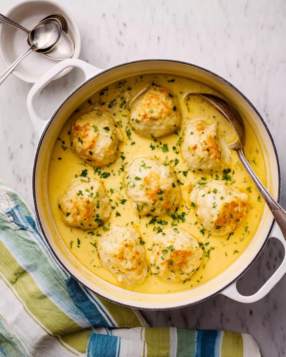 The image shows a white pot on a white marbled surface filled with nine round, golden-topped dumplings resting in a thick, creamy yellow sauce, sprinkled with small green herbs. The dumplings are soft and slightly browned on top, evenly arranged in three rows of three. A silver spoon is placed inside the pot on the right side, partially submerged in the sauce. To the left of the pot, there is a white bowl with a small spoon inside and a striped cloth napkin in green, white, blue, and yellow colors. Photo taken with an iphone --ar 4:5 --v 7