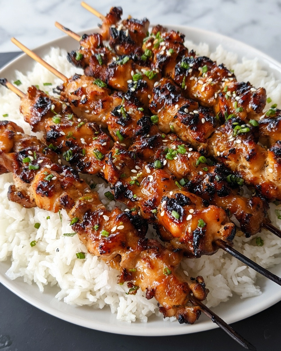 Five grilled skewers of golden-brown glazed meat with charred edges and small blackened spots are laid in a neat row on a bed of fluffy white rice. The meat is coated with a shiny sauce and sprinkled with white sesame seeds and small green chopped herbs. The food is presented in a white round plate on a white marbled surface. photo taken with an iphone --ar 4:5 --v 7