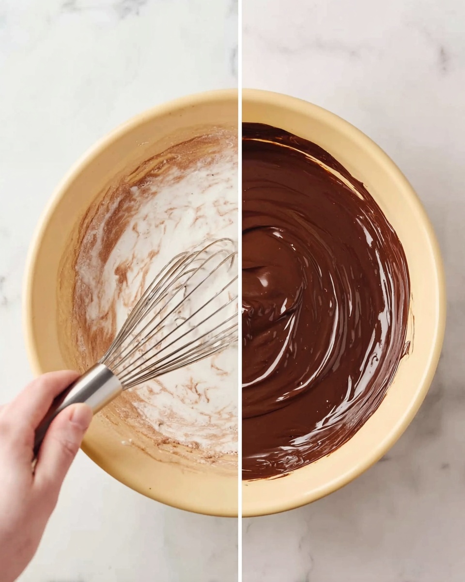 The image shows two side-by-side views of a light yellow bowl on a white marbled surface. On the left side, a woman's hand holds a metal whisk stirring a mixture of white and light brown liquid with some darker solid bits visible, creating a swirling texture. On the right side, the same bowl contains a smooth, thick, shiny dark brown chocolate mixture with visible gentle ripples on the surface. photo taken with an iphone --ar 4:5 --v 7
