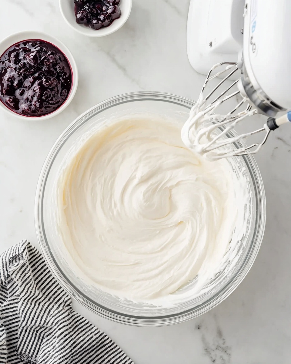 A clear glass bowl holds a thick, smooth white cream being mixed by a white electric hand mixer visible from the top, with the beaters partially submerged in the cream. Beside the bowl, there is a small white bowl filled with dark purple, shiny jam, and a white marble textured surface underneath all items. A black and white striped cloth is partly visible at the bottom left corner of the scene. Photo taken with an iphone --ar 4:5 --v 7