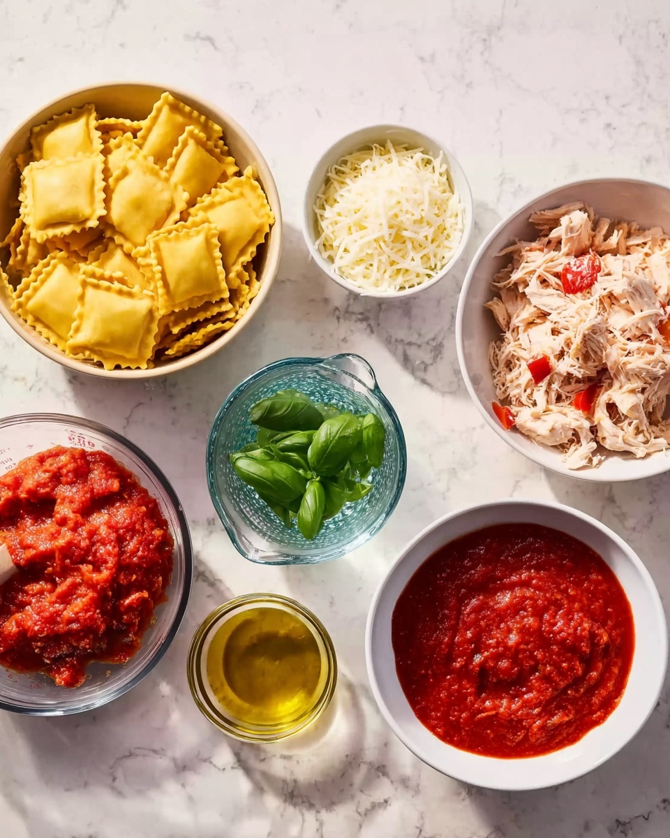 The image shows six bowls and a glass measuring cup arranged on a white marbled surface. The largest bowl on the left holds yellow square ravioli pasta with textured edges. Next to it, a white bowl contains light pink shredded chicken mixed with red sauce pieces. In the center is a glass measuring cup with clear water, surrounded by smaller bowls: one with fresh green basil leaves, a white bowl filled with shredded white cheese, a small bowl with golden olive oil, and a large white bowl on the right filled with thick red tomato sauce with visible texture. Photo taken with an iphone --ar 4:5 --v 7