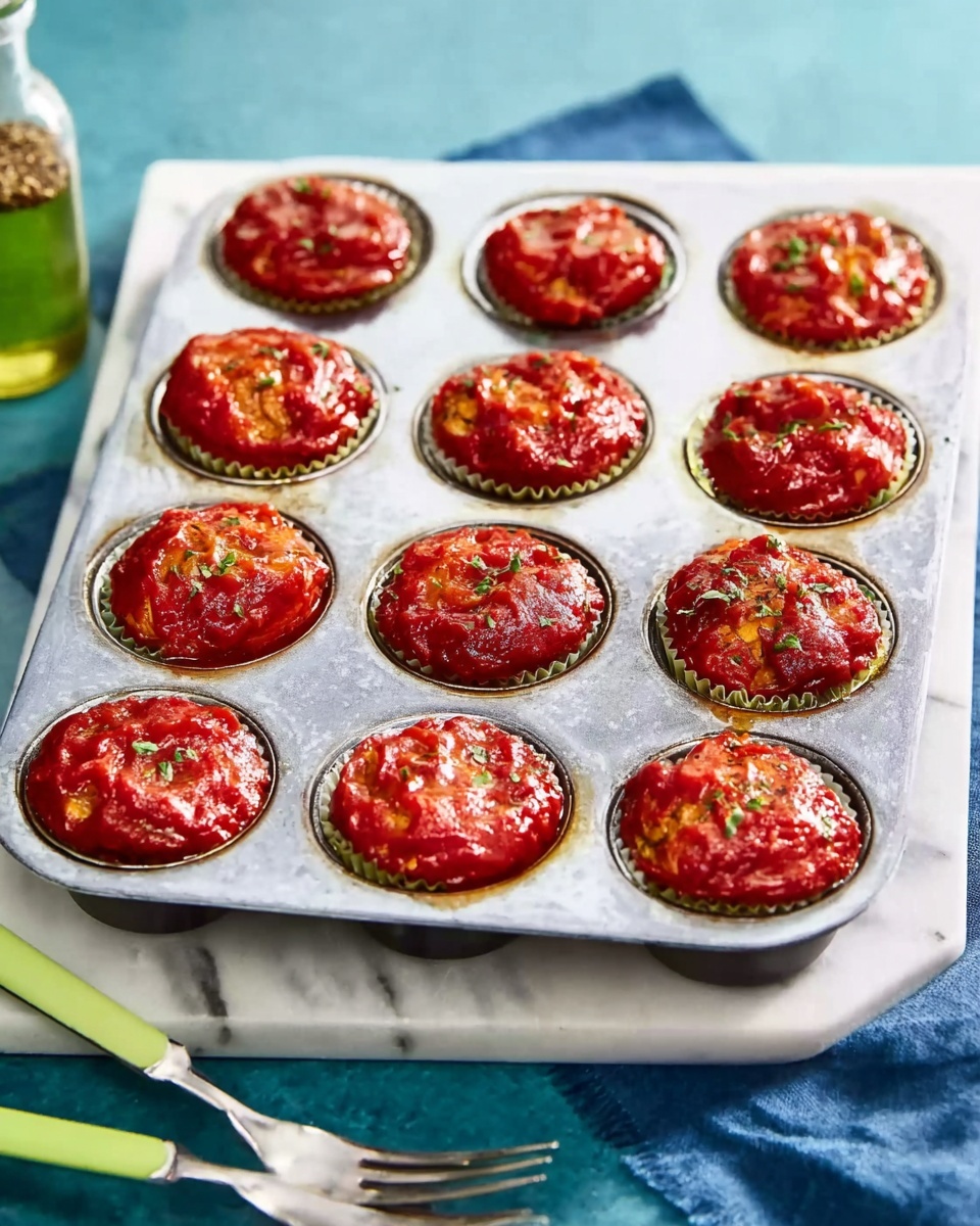 A metal muffin tray holds 12 stuffed tomato cups, each filled with a bright red, thick tomato sauce covering a mixture inside. The tomato sauce layer is smooth but slightly chunky, shiny and moist on top. Each tomato cup is round, sitting deep in the white metal holders. The tray rests on a white marbled surface with a blue cloth and a glass bottle with a green spice mix visible on the side. A fork and a woman's hand holding green chopsticks are near the tray. photo taken with an iphone --ar 4:5 --v 7