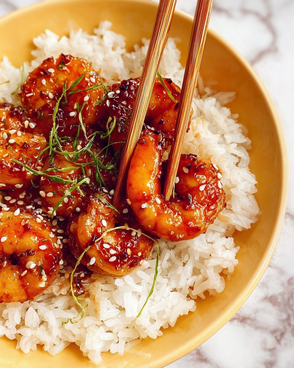 A white bowl filled with one layer of white cooked rice at the bottom, topped with a layer of shiny, reddish-brown glazed shrimp sprinkled with white sesame seeds and small green herb leaves. Two light brown chopsticks are picking up one shrimp. The bowl is on a white marbled surface. Photo taken with an iphone --ar 4:5 --v 7