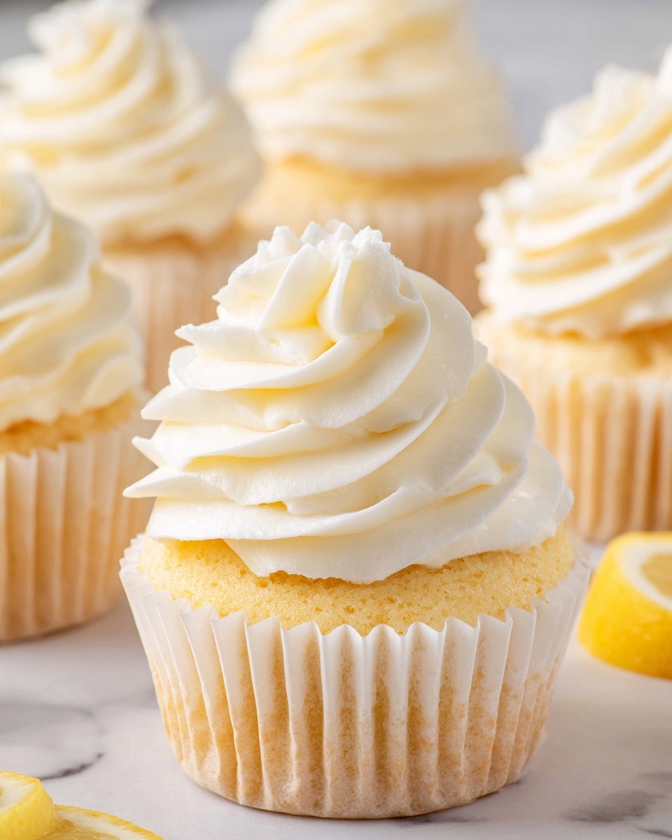The image shows several cupcakes with light yellow cake bases, each wrapped in white paper liners. On top of each cupcake is a thick swirl of smooth, creamy white frosting, layered in soft peaks that create a fluffy and inviting texture. The cupcakes are set against a white marbled surface, with a small hint of a lemon slice in the background adding a subtle bright yellow touch. The close-up view focuses on one cupcake at the front while more cupcakes softly blur in the background, enhancing the depth of the image. Photo taken with an iphone --ar 4:5 --v 7
