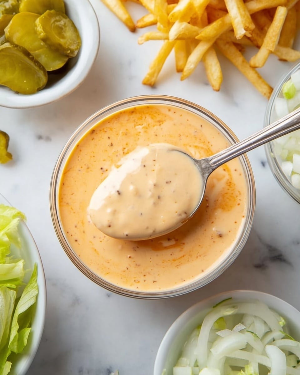 A clear glass bowl filled with a creamy, light orange sauce with small visible bits of seasoning and texture holds a silver spoon, which lifts some sauce above the bowl. Around the bowl on a white marbled surface are scattered thin yellowish French fries to the top right, sliced pale green pickles in another clear bowl to the top left, chopped white onions in a white bowl at the bottom right, and small pieces of shredded light green lettuce scattered at the bottom left. photo taken with an iphone --ar 4:5 --v 7