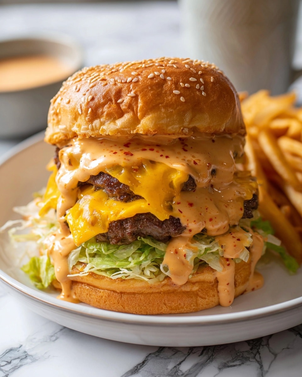 A tall burger sits on a white plate with golden fries on the side. The bottom layer has shredded green lettuce with a light pink sauce spread on the bun. Above this is a beef patty topped with melted bright yellow cheese. On top of this is another beef patty with a second melted bright yellow cheese slice. The burger is finished with a generous amount of creamy orange sauce with red specks that drips down the sides, all held together by a soft golden brown sesame seed bun. The background is a white marbled texture with a blurred cup behind the plate. Photo taken with an iphone --ar 4:5 --v 7