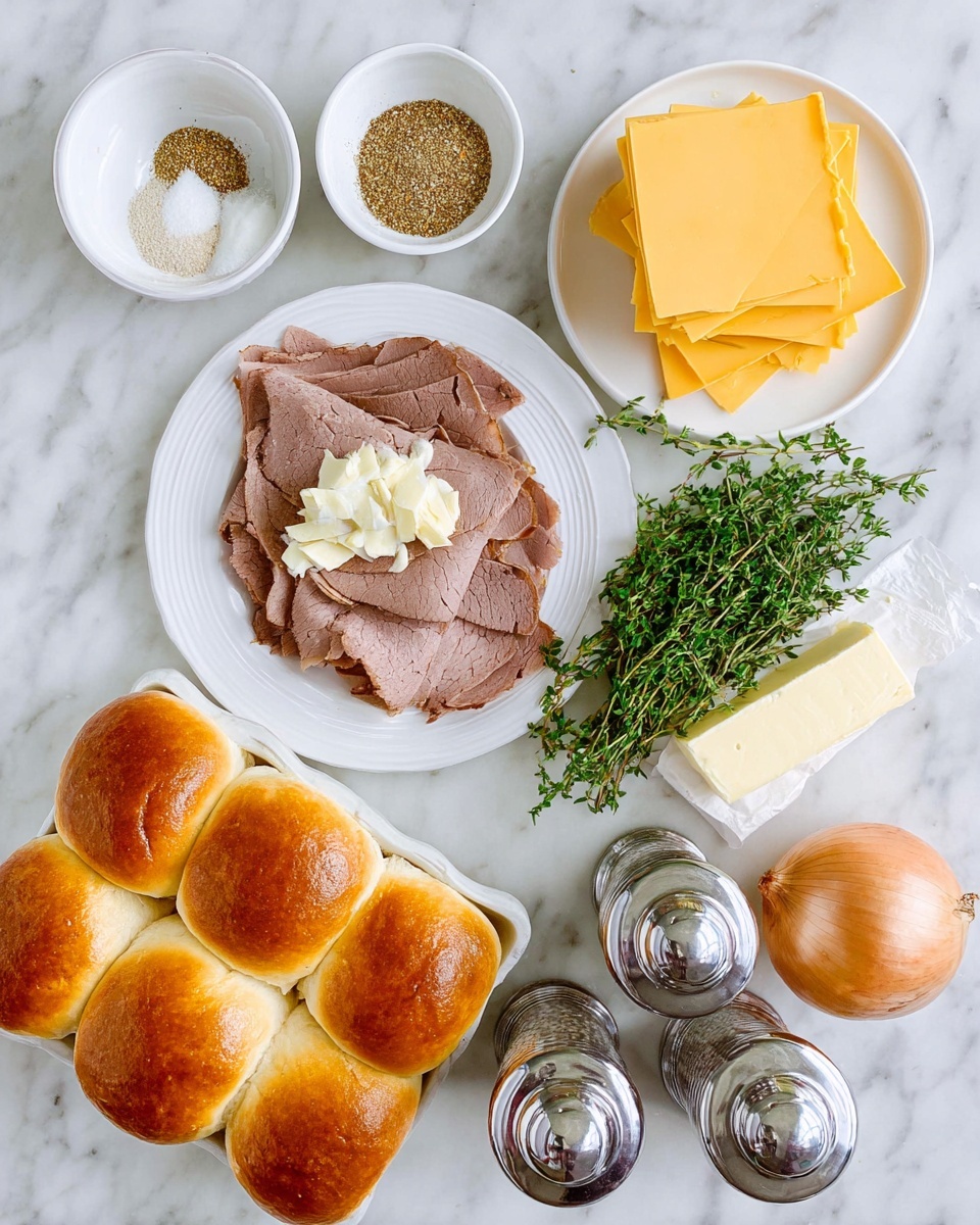 The image shows ingredients arranged on a white marbled surface. There are two small white bowls at the top left with one holding dried seasoning and the other holding a powder spice. To their right, a tidy stack of yellow cheese slices is placed. Below the bowls, there is a white plate with thin slices of roast meat layered softly. On either side of this plate are two large silver pepper and salt grinders. A stick of butter wrapped in white paper sits near a bunch of fresh green thyme and a whole onion with dry skin. At the bottom left, there is a tray of golden brown soft dinner rolls. The arrangement is neat and ready for making a sandwich or similar dish. Photo taken with an iphone --ar 4:5 --v 7