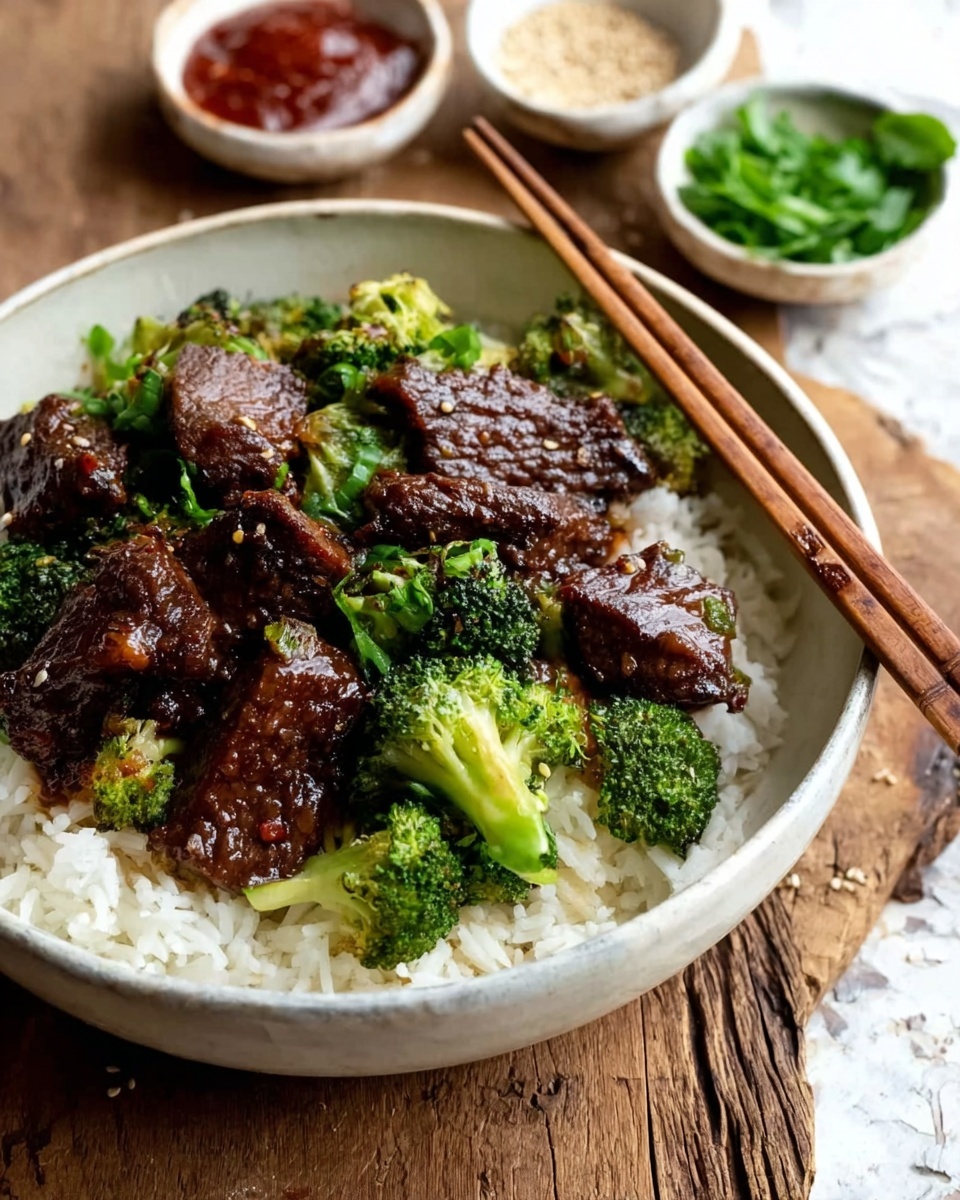A white bowl filled with a base layer of white steamed rice topped with several pieces of dark brown glazed beef and bright green broccoli florets, evenly spread. The beef has a shiny and textured surface with hints of sauce. The bowl is placed on a rustic wooden table, with a pair of wooden chopsticks resting on the edge. Around the bowl, there are small white bowls containing green leafy herbs, red sauce, and white sesame seeds. The background features a white marbled texture. Photo taken with an iphone --ar 4:5 --v 7
