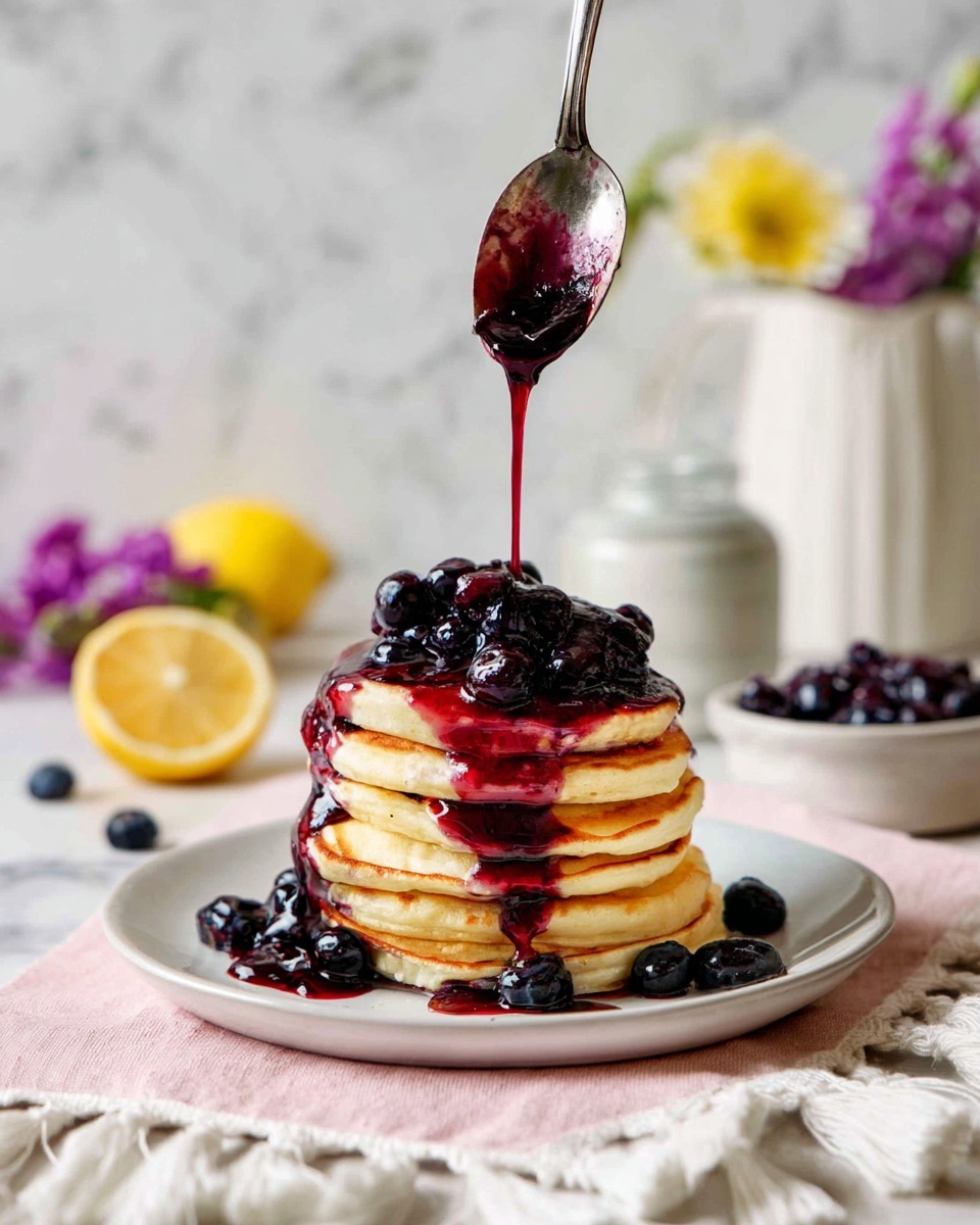 A stack of five light golden pancakes sits on a white plate, with dark glossy blueberries both on top and scattered around the base. A rich, deep red syrup is being poured over the stack from an old silver spoon held above, the syrup dripping down the sides. The plate is set on a soft pink cloth with white tassels, resting on a white marbled surface. In the background, there is a white textured jug, purple flowers, half a lemon cut side up, and a blurred glass jar with more blueberries. Photo taken with an iphone --ar 4:5 --v 7