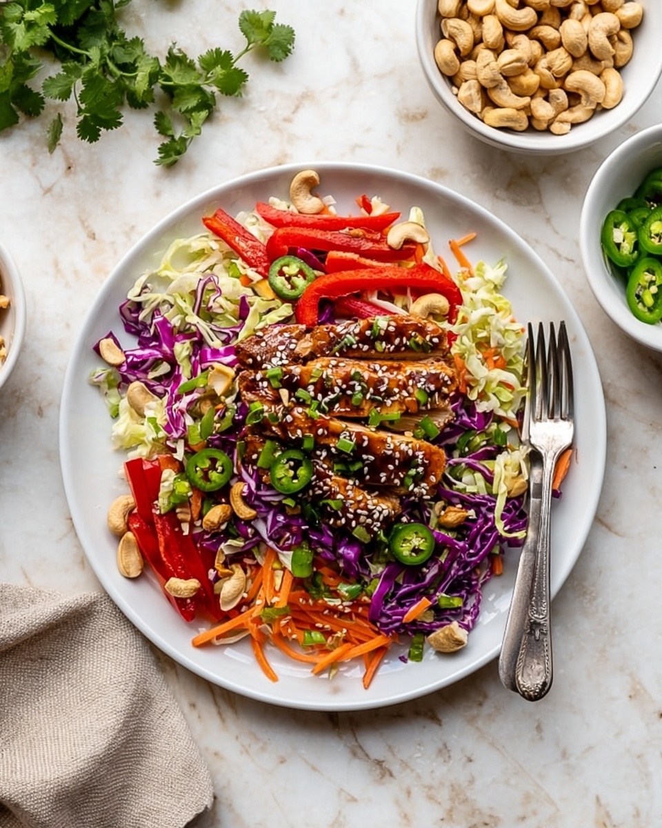 A white plate on a white marbled surface holds a colorful salad with multiple layers. The base layer is a mix of thinly sliced purple cabbage, light green cabbage, and orange carrot sticks spread evenly across the plate. On top of this are sliced red bell peppers, chopped green onions, and green jalapeño rings adding vibrant color. At the center, there are two pieces of grilled chicken with a brown glaze and sprinkled white sesame seeds. Scattered over the salad are whole cashews and sliced almonds, with fresh green cilantro leaves adding a bright touch. A silver fork is placed on the right side of the plate. Nearby are two white bowls, one filled with cashews and the other with sliced almonds, all on a white marbled surface. Photo taken with an iphone --ar 4:5 --v 7