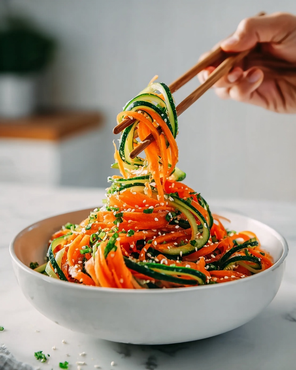A white bowl filled with thin, spiral-cut layers of bright orange carrot and dark green cucumber ribbons, mixed and lightly tossed together. The vegetables are sprinkled with small white sesame seeds and finely chopped green herbs, giving a fresh, healthy look. A woman's hand is holding wooden chopsticks, lifting a colorful bundle of the spiraled vegetables from the bowl. The scene is set on a white marbled surface with a soft-focus kitchen background. photo taken with an iphone --ar 4:5 --v 7