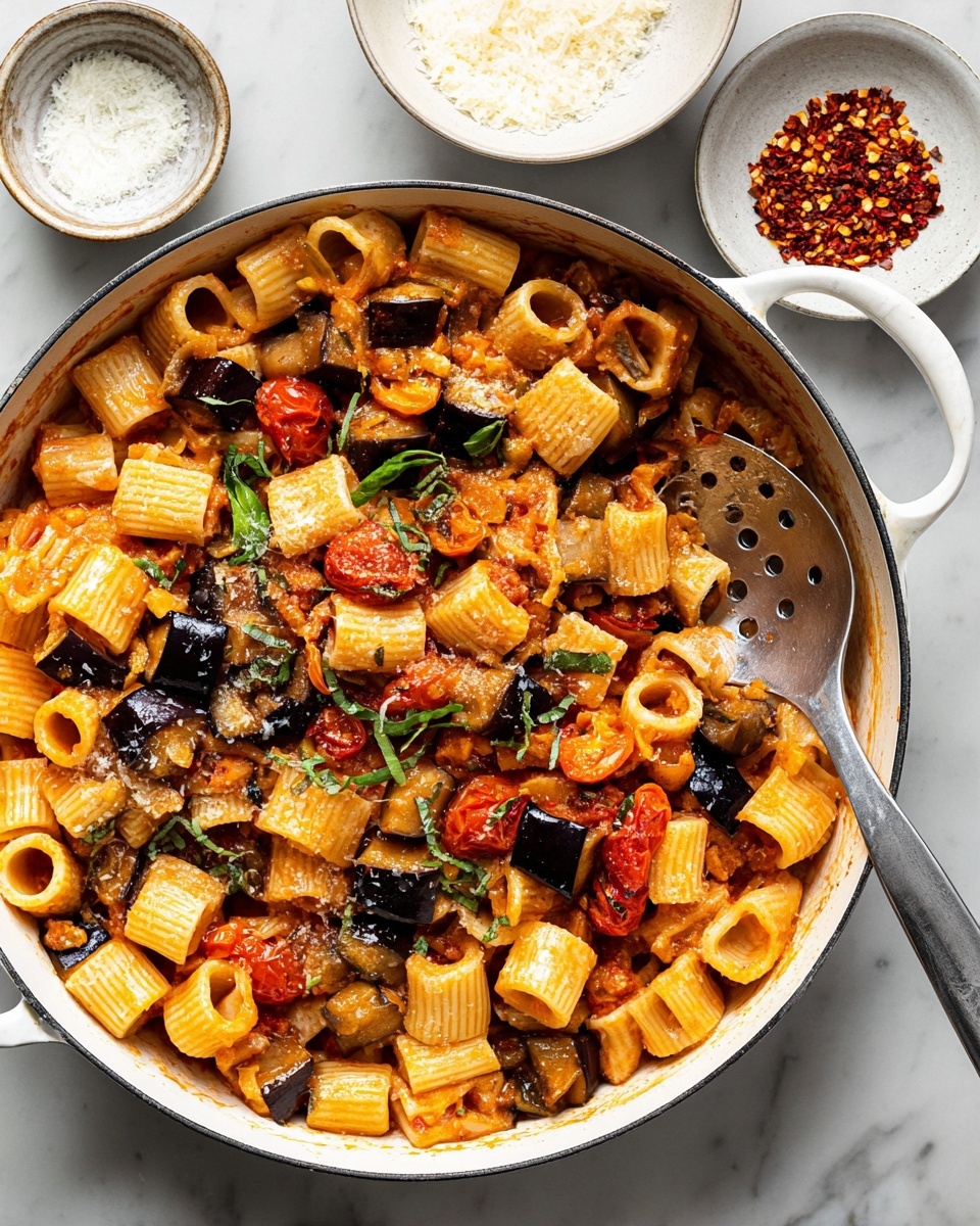 A large white pan filled with a pasta dish showing about three layers: the first layer is smooth, short tubular pasta in a rich reddish-orange sauce; the second layer is chunks of dark purple eggplant scattered throughout; the third layer has small bright red and orange cherry tomatoes and thin green strips of fresh basil spread over the entire dish. A large silver spoon with holes is resting inside the pan. Next to the pan, there are two small white bowls, one filled with grated white cheese and the other with red chili flakes. The scene is set on a white marbled surface. Photo taken with an iphone --ar 4:5 --v 7