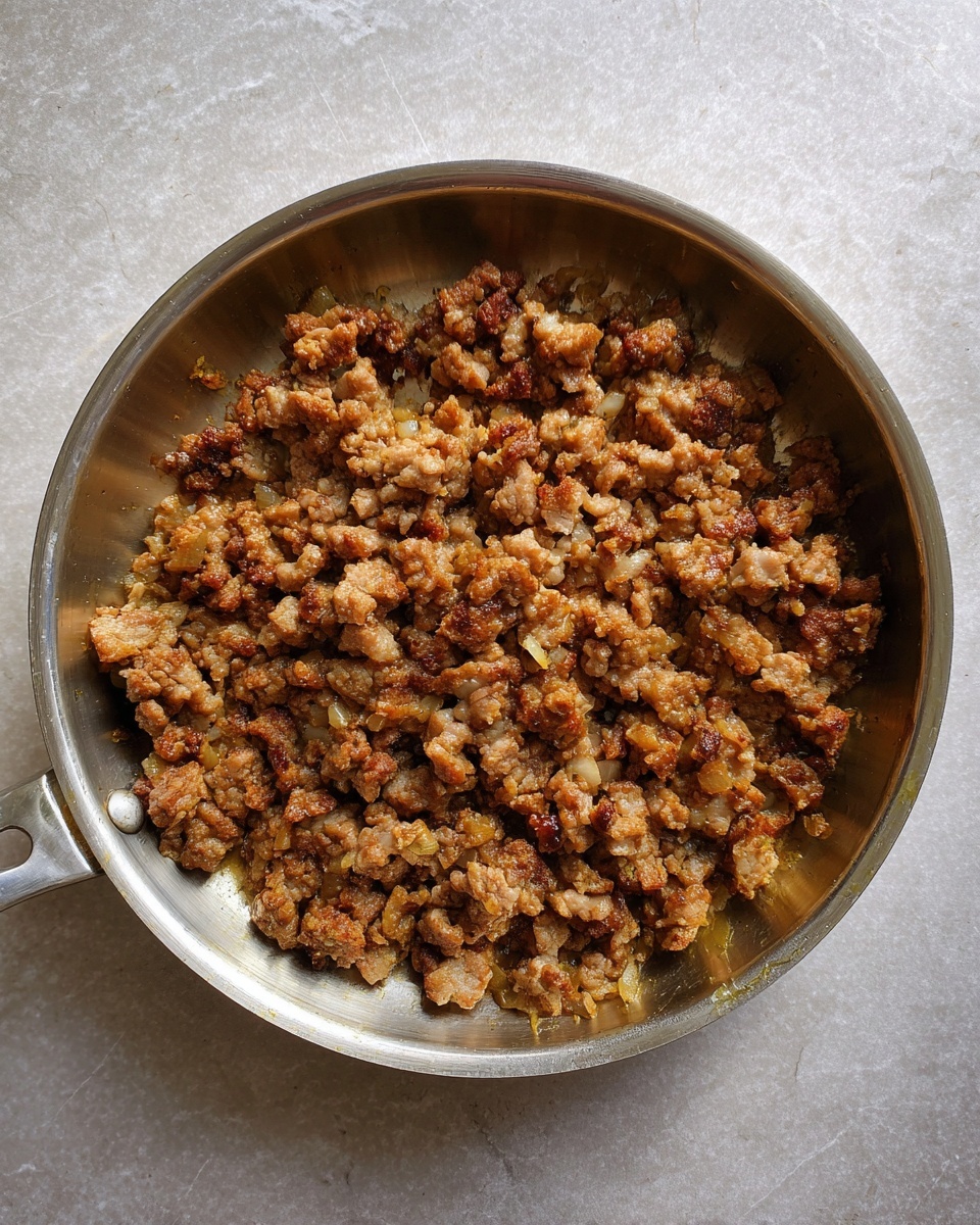 A close-up top view of a silver pan with cooked minced meat inside, showing small and medium chunks of meat with a brown, slightly moist texture. The meat has a mix of darker and lighter brown parts, with some crispy edges along the pan. The pan lies on a white marbled surface. photo taken with an iphone --ar 4:5 --v 7