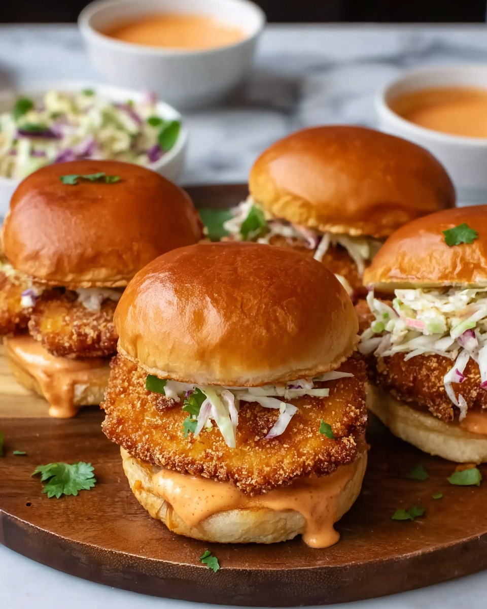 The image shows three fried chicken sliders on a round wooden board over a white marbled surface. Each slider has a soft, shiny light brown bun with a crispy golden-brown fried chicken patty inside. Beneath the patties, there is a creamy orange sauce slightly dripping out. Two sliders on the right side include thin, white slivers of cabbage or coleslaw inside the bun along with the chicken. Small green cilantro leaves are sprinkled on top of the fried chicken patties. In the background, there are small white bowls with an orange dipping sauce and a bowl of light green and purple coleslaw. Photo taken with an iphone --ar 4:5 --v 7