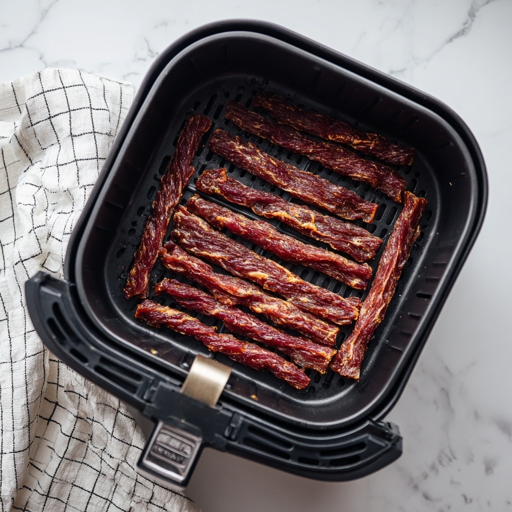 The image shows a black air fryer basket placed on a white marbled surface, filled with nine long, thin strips of raw beef laid out side by side in a single layer. The beef strips have a mix of dark red and brown colors with visible marbling and texture, and they appear slightly twisted in shape. At the top of the image, there is a white text box with black capital letters that say,