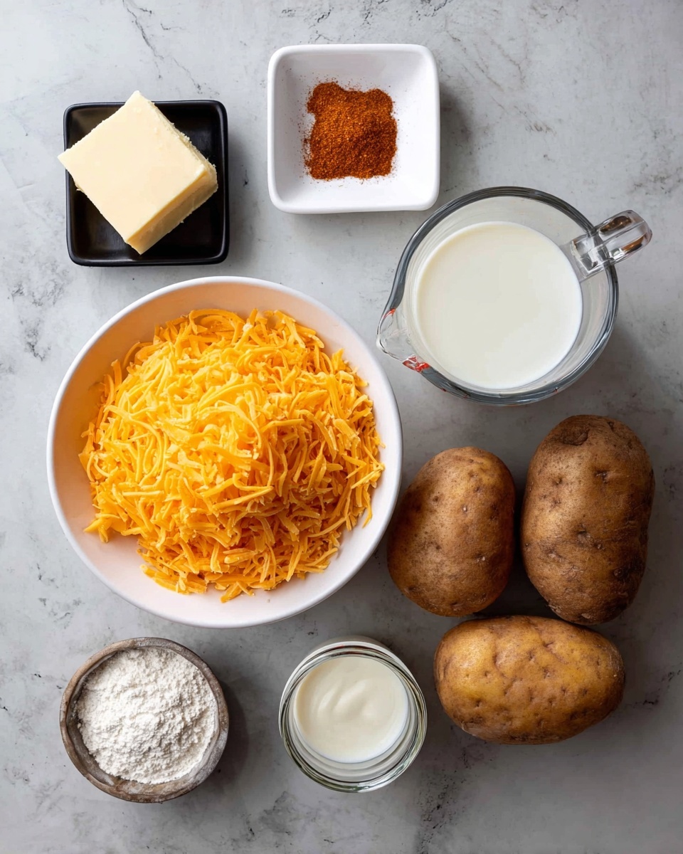 The image shows several ingredients neatly arranged on a white marbled surface. In the center, there is a white bowl filled with bright orange shredded cheese. To the right, there is a clear glass measuring cup filled with milk and three whole potatoes with brown skins. Above the cheese bowl is a small white square dish holding a pile of reddish-brown seasoning. To the left of the cheese bowl, from top to bottom, is a small black dish with a square piece of butter, a small glass jar with white creamy sauce, and another small black dish holding white flour. The scene looks clean, simple, and well-organized, photo taken with an iphone --ar 4:5 --v 7