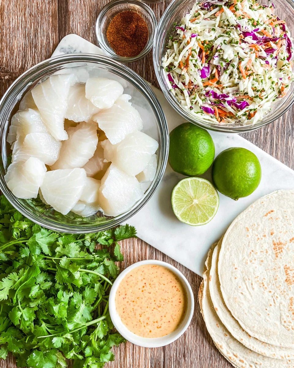 The image shows a clear glass bowl in the center filled with white pieces of raw fish, each piece smooth and slightly translucent, layered closely together. Above it is another clear glass bowl holding coleslaw, which has shredded white and purple cabbage, orange carrot strips, and green herbs mixed throughout in a chunky texture. To the right near the bowls are two bright green limes, one whole and one sliced in half to show the juicy interior. At the bottom right corner, there are soft white corn tortillas stacked on a white marbled surface. Below the fish bowl is a small white bowl with an orange creamy sauce speckled with darker bits. To the left, there is a bunch of fresh green cilantro with large leaves, and two small spice containers lying on the white marbled surface: one labeled cumin powder and the other chili powder. The whole setup is on a wooden textured background. Photo taken with an iphone --ar 4:5 --v 7