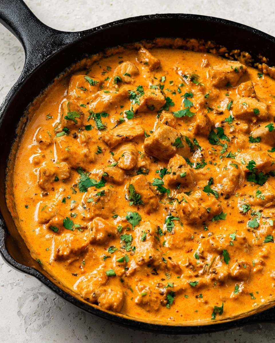 A close-up of a black cast iron skillet filled with a creamy orange sauce and pieces of cooked chicken chunks scattered evenly throughout. The sauce is smooth and thick, covering the chicken pieces well, and there are small green cilantro leaves sprinkled over the top for color contrast. The skillet is sitting on a white marbled textured surface, showing a rustic cooking scene. photo taken with an iphone --ar 4:5 --v 7