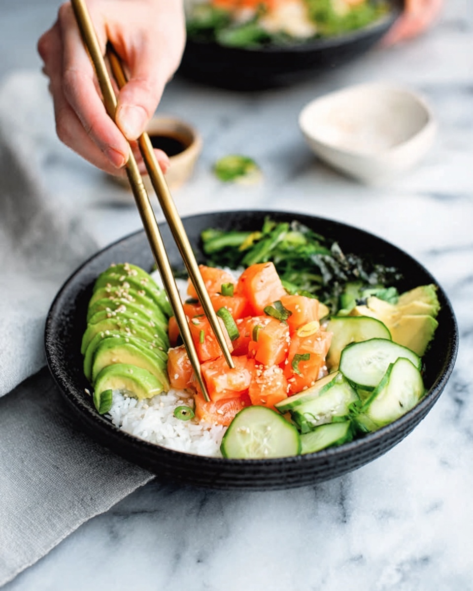A black bowl filled with a rice base at the bottom, topped with evenly cut orange salmon cubes arranged in the center. Around the salmon, there are three distinct layers: on the left, bright green avocado slices; on the right, pale green cucumber pieces; and at the back, green leafy vegetables. A woman's hand holds golden chopsticks above the salmon, about to pick up a piece. The bowl sits on a white marbled surface, with a blurred white bowl and small white dish in the background. photo taken with an iphone --ar 4:5 --v 7