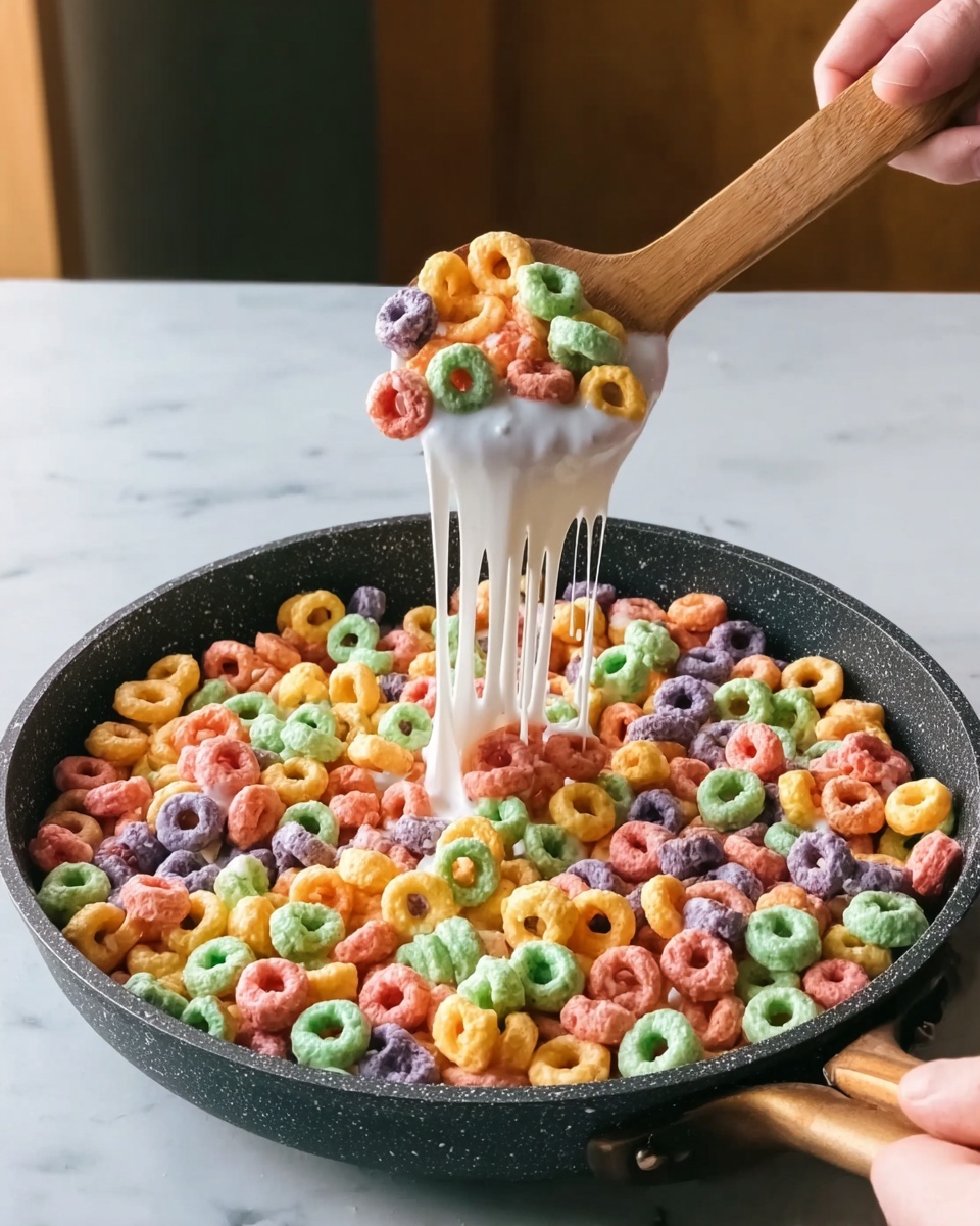 A close-up view of a black pan filled with colorful fruit-flavored cereal rings, topped with melted white marshmallow that stretches as a wooden spoon lifts some out of the pan. The cereal shows a mix of bright colors like orange, green, yellow, and purple. A woman's hand holds the pan steady, while another woman's hand lifts the spoon, creating dripping marshmallow strands that catch the light. The background surface is white marbled. photo taken with an iphone --ar 4:5 --v 7