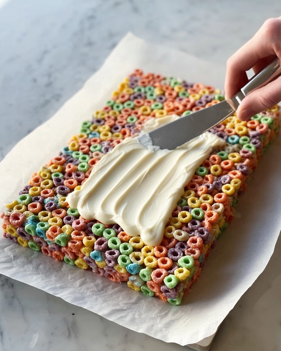 A rectangular cereal bar made of colorful round cereal pieces in shades of orange, green, red, purple, yellow, and blue, spread evenly and tightly together. On top, a creamy white layer is being spread smoothly by a woman's hand using a silver butter knife. The bar is placed on white parchment paper on a white marbled surface. The scene is bright and focused on the creamy texture being spread over the colorful cereal base. Photo taken with an iphone --ar 4:5 --v 7