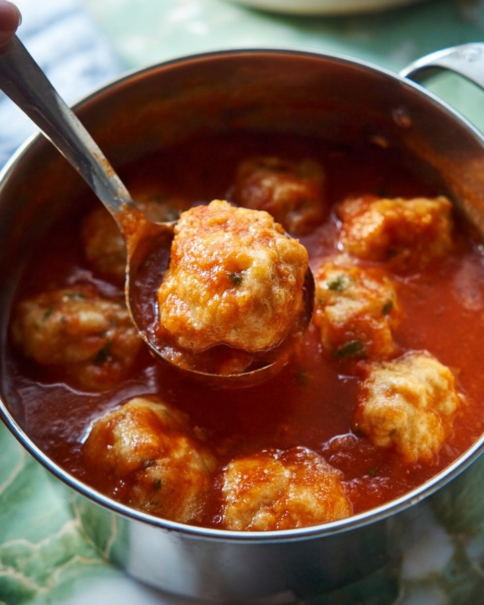 A large metal pot filled with several light brown, irregularly shaped dumplings soaking in a rich, deep red tomato sauce. The dumplings have a soft, uneven texture with bits of green herbs mixed in, and the sauce looks thick and smooth, coating the dumplings well. A woman's hand is holding a metal ladle that lifts one dumpling out of the pot, showing the dumpling fully covered in sauce, with the pot’s inside glistening from the liquid. The background is softly blurred with hints of green and white marbled surfaces. photo taken with an iphone --ar 4:5 --v 7