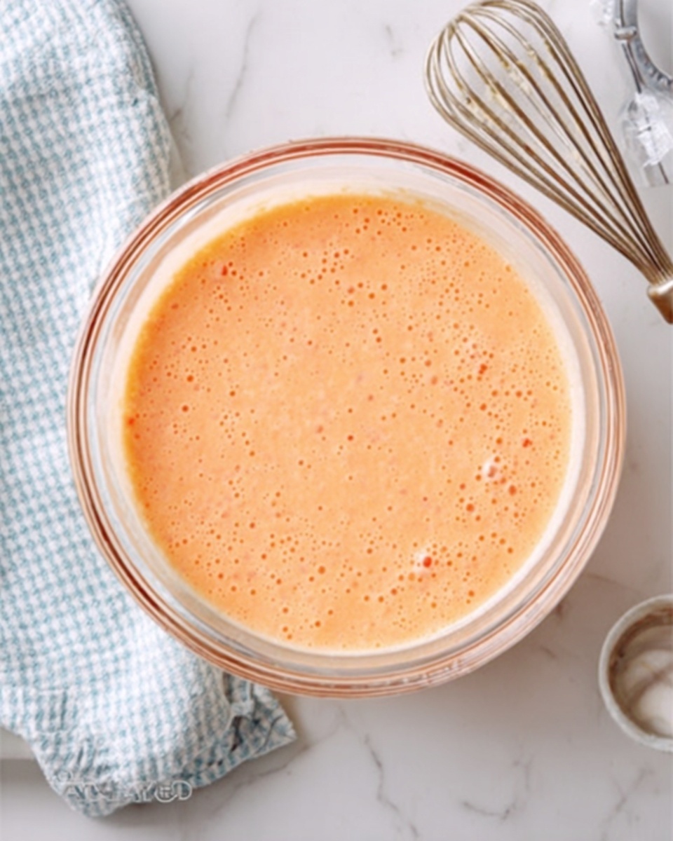 Decadent Hawaiian Guava Cake: A Slice of Paradise Recipe 4 A clear glass bowl is filled with smooth, light orange batter that has small bubbles on its surface, showing a creamy texture. The bowl sits on a white marbled surface. Next to the bowl, there are two vintage-style metal beaters with a striped cloth nearby. The soft orange color of the batter contrasts nicely with the clean white marbled background, creating a fresh and simple kitchen scene. Photo taken with an iphone --ar 4:5 --v 7