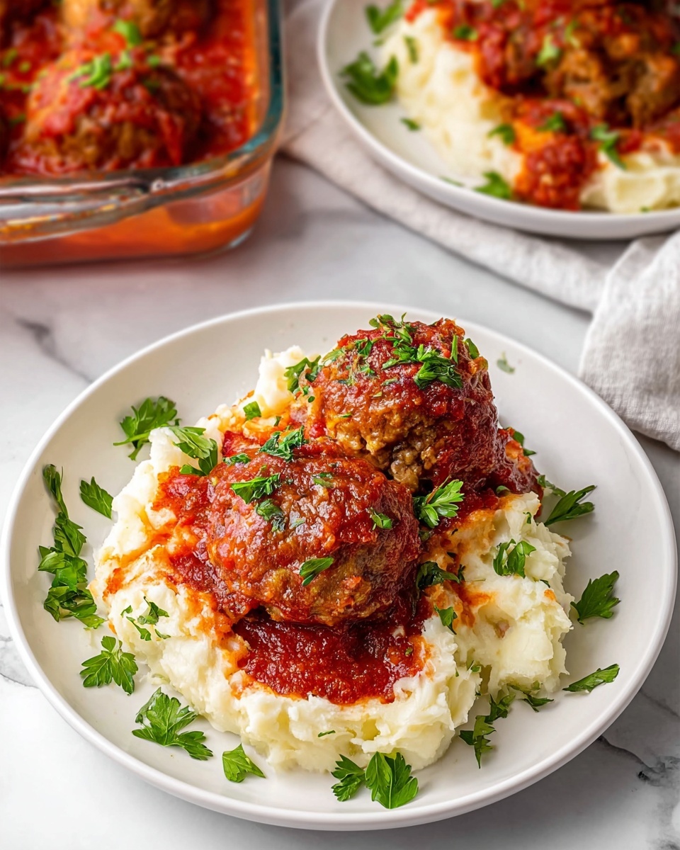 The image shows a white plate with three large, round meatballs covered in thick, red tomato sauce, placed on a bed of creamy mashed potatoes with visible pieces of potato skin, giving a rough texture. The meatballs have bits of vegetables or herbs mixed in, and fresh green parsley is sprinkled on top of the meatballs and potatoes, adding a bright touch. The plate sits on a white marbled surface, with more plates and a glass baking dish filled with red sauce and meatballs blurred in the background. photo taken with an iphone --ar 4:5 --v 7