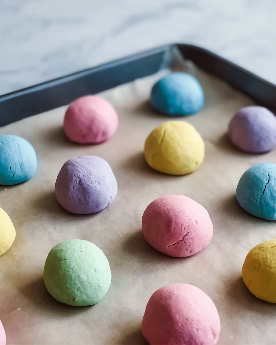 The image shows a baking tray lined with parchment paper holding evenly spaced round dough balls in soft pastel colors including pink, blue, green, yellow, and purple. Each dough ball has a smooth texture with slight cracks and sits individually with gaps between them on the tray. The scene is softly lit with natural light highlighting the gentle colors and matte surface of the dough. The background features a white marbled texture, adding a clean and bright contrast to the pastel dough balls. photo taken with an iphone --ar 4:5 --v 7
