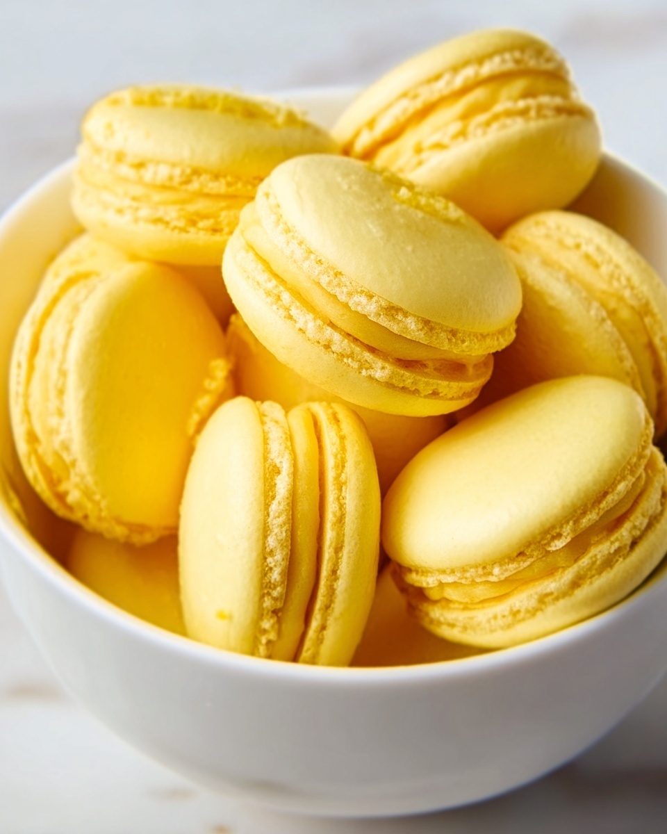 The image shows a white bowl filled with several yellow macarons stacked together. Each macaron has two smooth, rounded shells with a slightly shiny, soft texture and a thin yellow creamy filling visible between the shells. The bowl sits on a white marbled surface, and the focus is close to show the delicate details of the macarons’ edges and filling. Photo taken with an iphone --ar 4:5 --v 7
