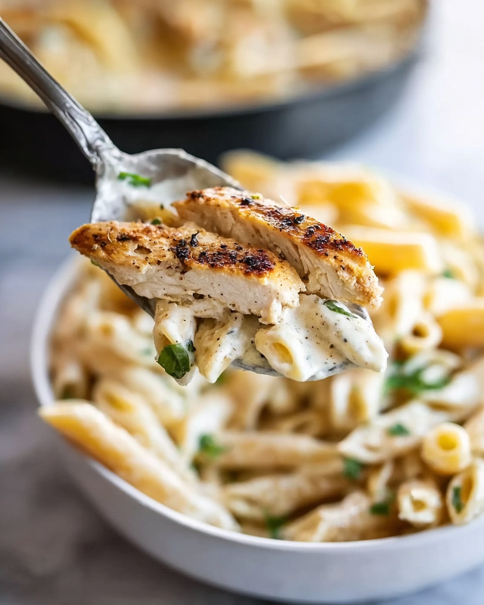 A black skillet filled with creamy white penne pasta as the base layer, topped with three large pieces of sliced chicken that are golden brown with grill marks, arranged in a triangular shape in the center of the pan. The skillet sits on a white marbled surface, and the chicken has a slightly crispy texture that contrasts with the smooth pasta underneath. The pan handles are visible, with a rustic look to the overall presentation. Photo taken with an iphone --ar 4:5 --v 7