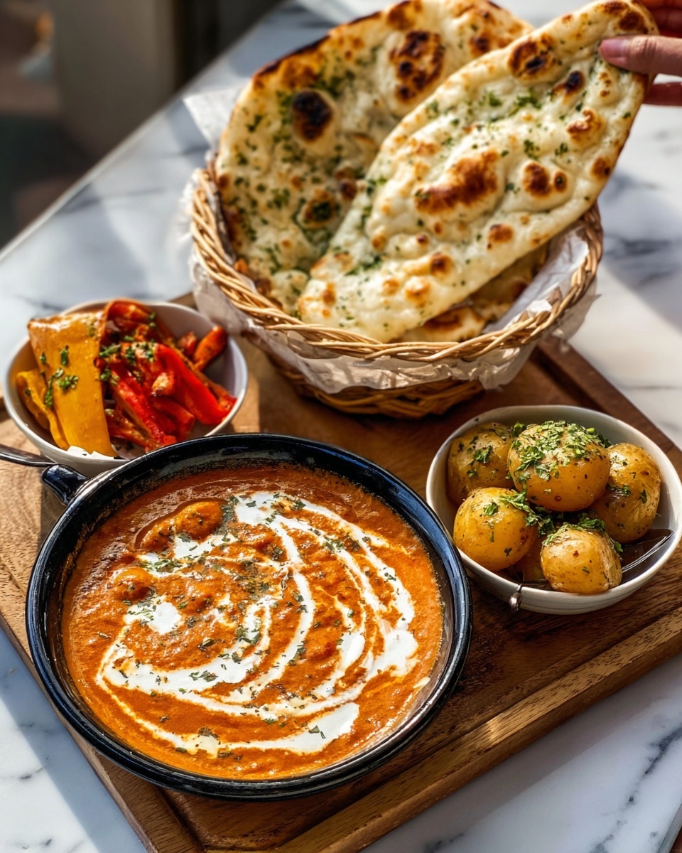 The image shows a meal on a white marbled surface with a wooden board holding a black bowl filled with orange curry topped with white cream swirls, next to a basket of golden-brown naan bread sprinkled with green herbs. There is a small white bowl containing round golden-brown potatoes garnished with green herbs. In the back, a small white bowl holds bright red and yellow roasted vegetables. A woman's hand is holding a piece of naan bread on the side. The colors are warm and inviting with a mix of creamy, soft, and crispy textures. photo taken with an iphone --ar 4:5 --v 7