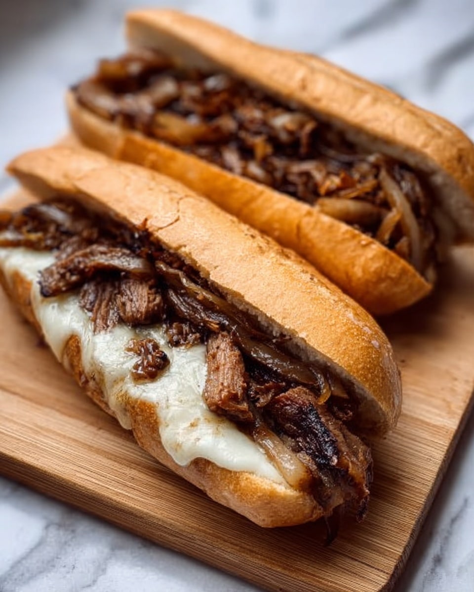 The image shows two hoagie sandwiches on a white marbled surface. Each sandwich is filled with layers of dark brown shredded meat, melted light cream-colored cheese, and green bell pepper slices inside a soft, toasted bun with a golden-brown crust. The sandwiches are surrounded by a small pile of golden waffle fries with a crisp texture. The overall colors are warm with contrasting light cheese and green peppers on the meat, all placed on a clean white marbled background. Photo taken with an iphone --ar 4:5 --v 7