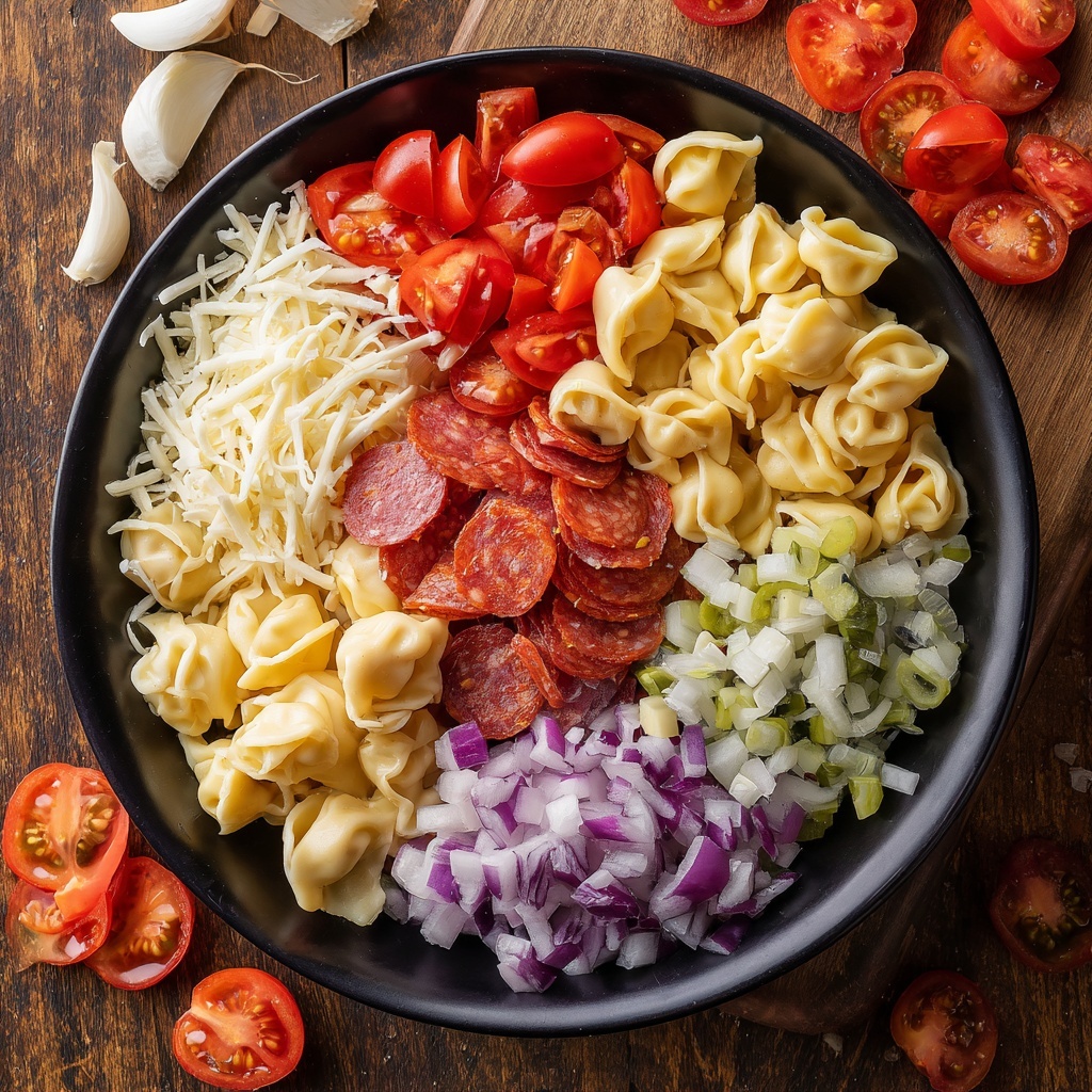 A black bowl holds seven clear sections of ingredients arranged in a circle: bright red halved grape tomatoes, white shredded cheese, light pink diced ham, pale yellow tortellini pasta, dark red chopped pepperoni, diced purple onion, and light green sliced pepperoncini. Each section has a distinct color and texture, neatly separated with some pieces spilling slightly over the edges. The bowl sits on a wooden surface with scattered tomato halves and onion pieces around it. photo taken with an iphone --ar 4:5 --v 7