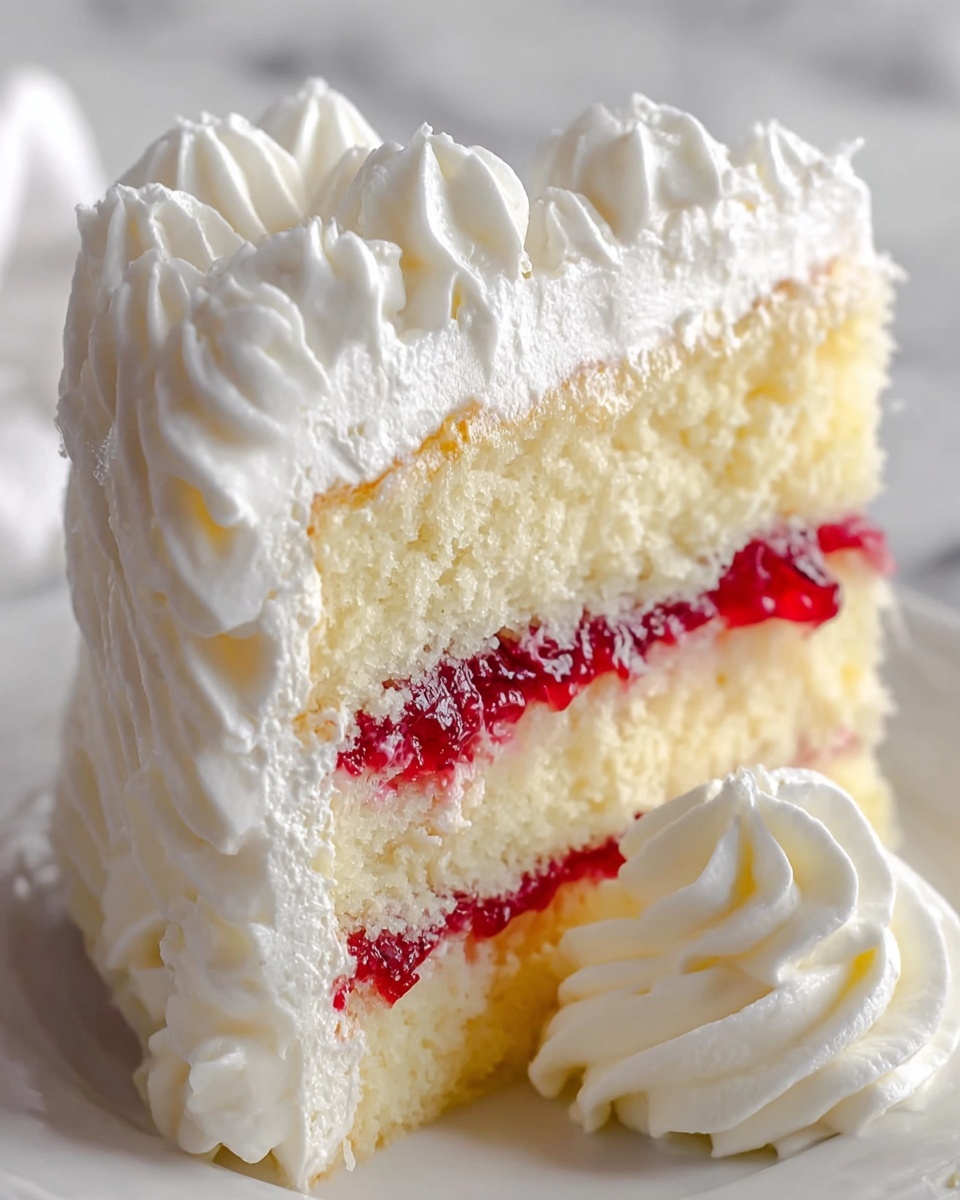 A close-up view of a white cake slice with two thick layers of soft, light yellow sponge separated by a thin layer of bright red jelly. The entire cake is covered with fluffy white whipped cream swirls that look smooth and creamy, with decorative peaks on top. The slice sits on a white plate with the background as a white marbled texture, and a small swirl of whipped cream is placed next to the cake. Photo taken with an iphone --ar 4:5 --v 7