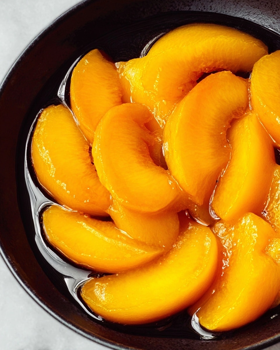 The image shows a close-up view of a black bowl filled with many bright orange-yellow peach slices soaked in syrup. The peach slices are shiny, smooth, and wet, neatly layered in a circle with some slices lying on top of others. The syrup is thick and glossy, gathering around the peach slices and reflecting light. The black bowl contrasts well with the bright colors of the peaches, making them stand out against a white marbled background. photo taken with an iphone --ar 4:5 --v 7