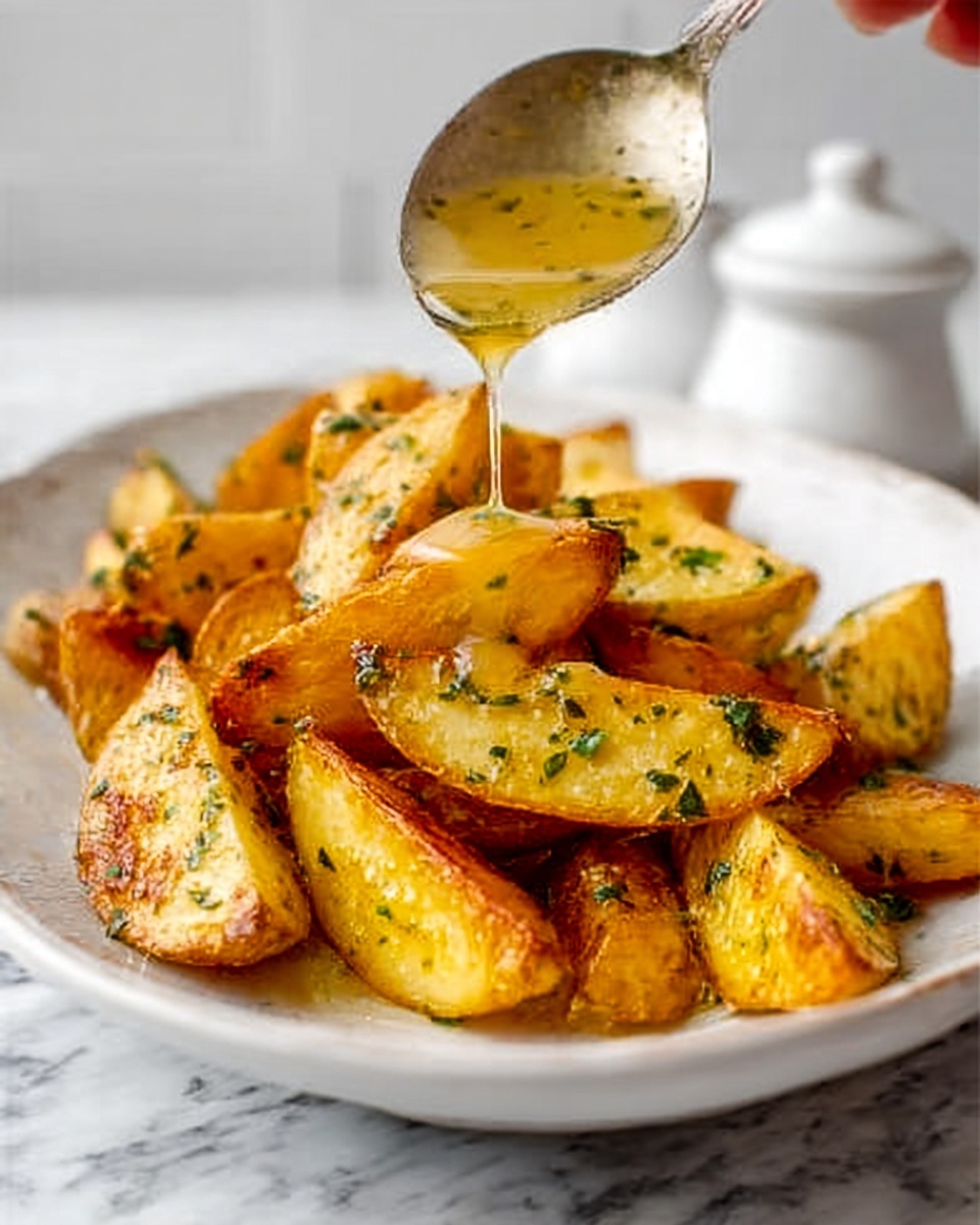 Perfect Greek Lemon Potatoes Recipe 5 The image shows a white plate filled with golden brown potato wedges seasoned with green herbs. The wedges are stacked in layers, with crispy edges and soft-looking insides visible. A spoon held by a woman's hand is pouring a light golden sauce over the potatoes, creating a shiny coating on them. The background features a white marbled surface, adding a clean and bright look to the setting. Photo taken with an iphone --ar 4:5 --v 7
