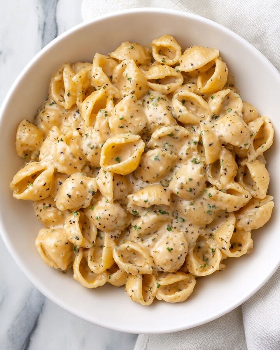 A white bowl filled with one layer of small shell pasta covered in a creamy sauce with visible specks of herbs evenly spread throughout the sauce, the pasta is a light golden color, and the sauce has a smooth texture that coats each shell well, placed on a white marbled surface with a soft white cloth partially visible in the top right corner, photo taken with an iphone --ar 4:5 --v 7