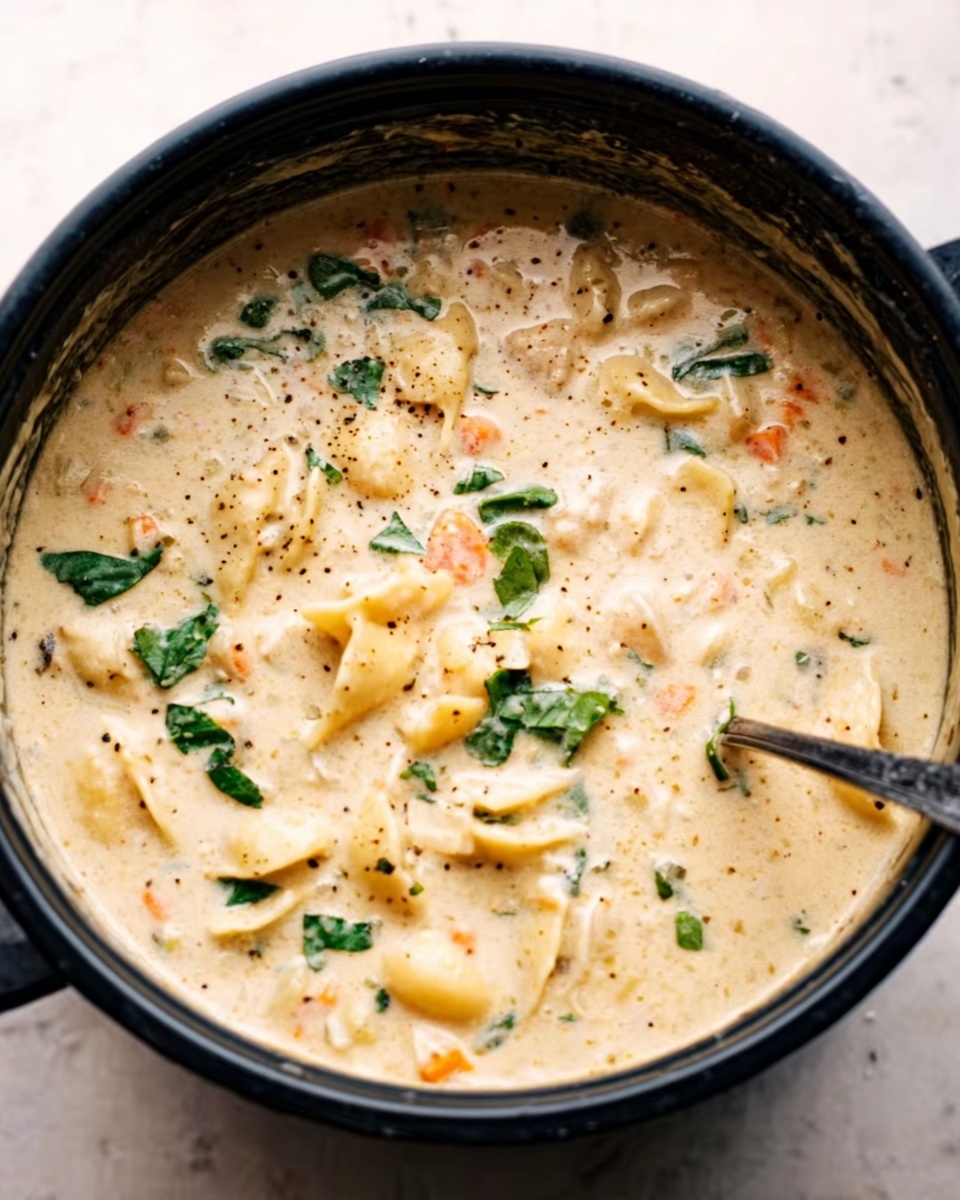 A black pot filled with creamy soup that has a thick texture, showing pieces of cooked pasta and small bits of orange carrots and green herbs evenly spread throughout. The soup has a light beige color with visible specks of black pepper and fresh green leaves on top. A spoon is partially dipping into the soup. The background is a white marbled surface. photo taken with an iphone --ar 4:5 --v 7