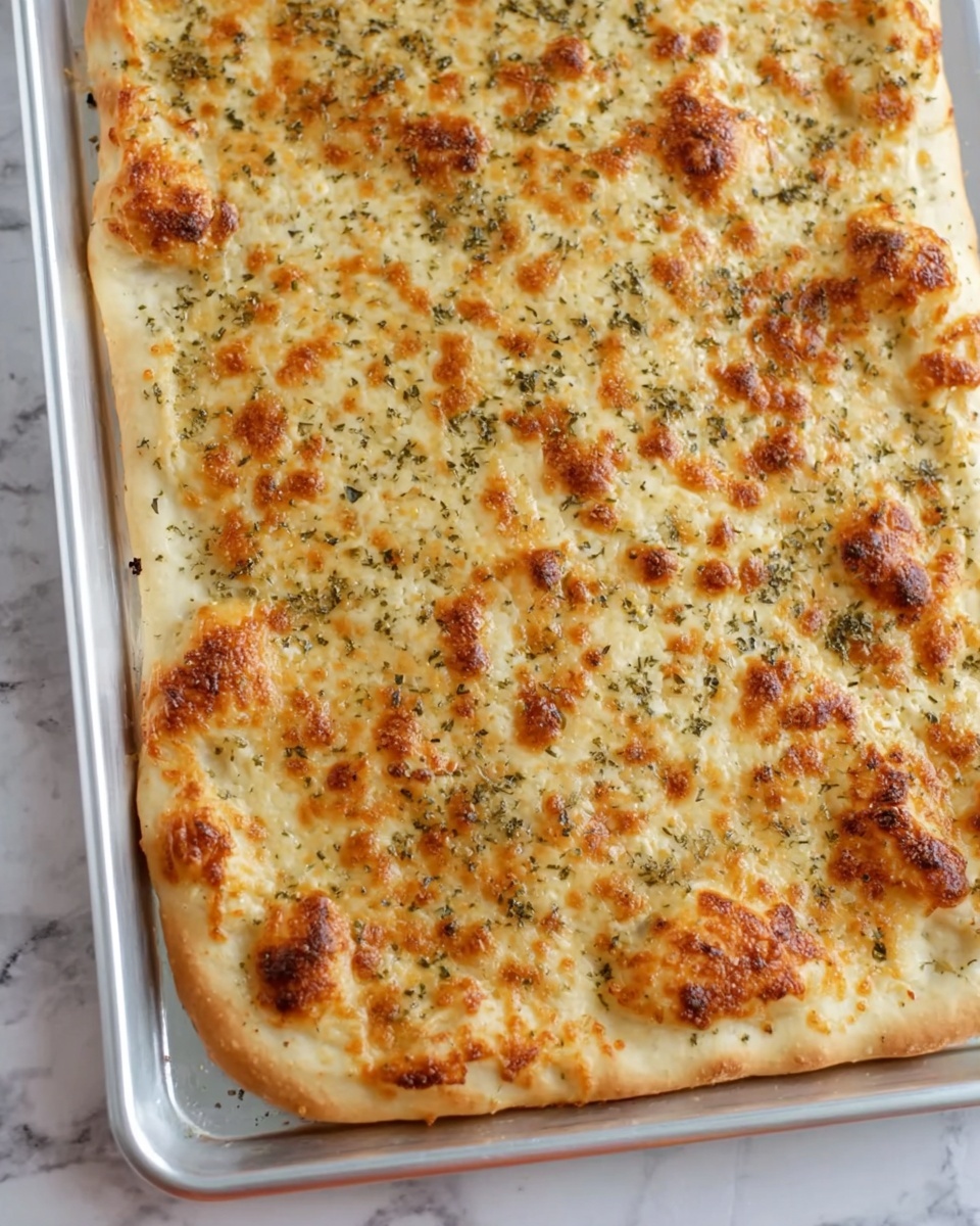 The image shows a rectangular flatbread on a silver baking tray with a golden brown melted cheese layer on top. The cheese is unevenly browned with specks of green herbs sprinkled all over, giving a speckled texture. The flatbread crust is light golden and slightly puffed along the edges, and the dough underneath the cheese looks soft and pale. The baking tray rests on a white marbled surface. photo taken with an iphone --ar 4:5 --v 7