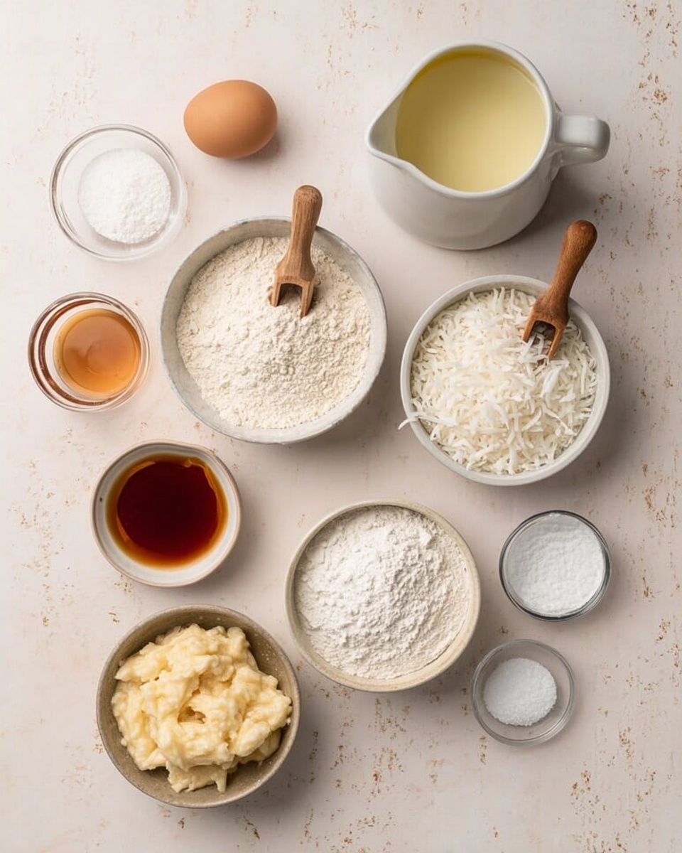 The image shows an arrangement of various baking ingredients placed on a white marbled surface. At the top right, there is a white jug filled with light yellow liquid. Below it, a small clear bowl holds some white salt. Next to the salt bowl on the right bottom side, a small clear bowl contains a white powder, possibly baking powder. In the center, two white bowls are filled with dry ingredients: one bowl is filled with white shredded coconut and the other with white flour. Each bowl has a small wooden scoop resting inside. Below them, a white bowl holds granulated white sugar. To the left of it, there is a small dark bowl filled with mashed bananas that are yellowish-beige in color. Further on the left, a small clear bowl contains amber-colored vanilla extract. On the far left side of the image is a small beige bowl holding a single brown egg. The overall arrangement looks clean and organized with natural lighting. Photo taken with an iphone --ar 4:5 --v 7