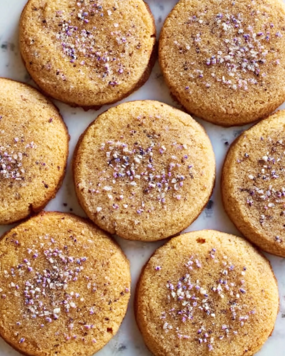 A close-up view of seven round cookies arranged closely on a white marbled surface, each cookie with a light golden-brown color and slightly darker edges. The cookies have a soft, slightly rough texture with a sprinkling of small white and purple grains on top, most concentrated towards the center. The cookies are evenly spaced, showing a slightly cracked surface that suggests a tender interior. photo taken with an iphone --ar 4:5 --v 7
